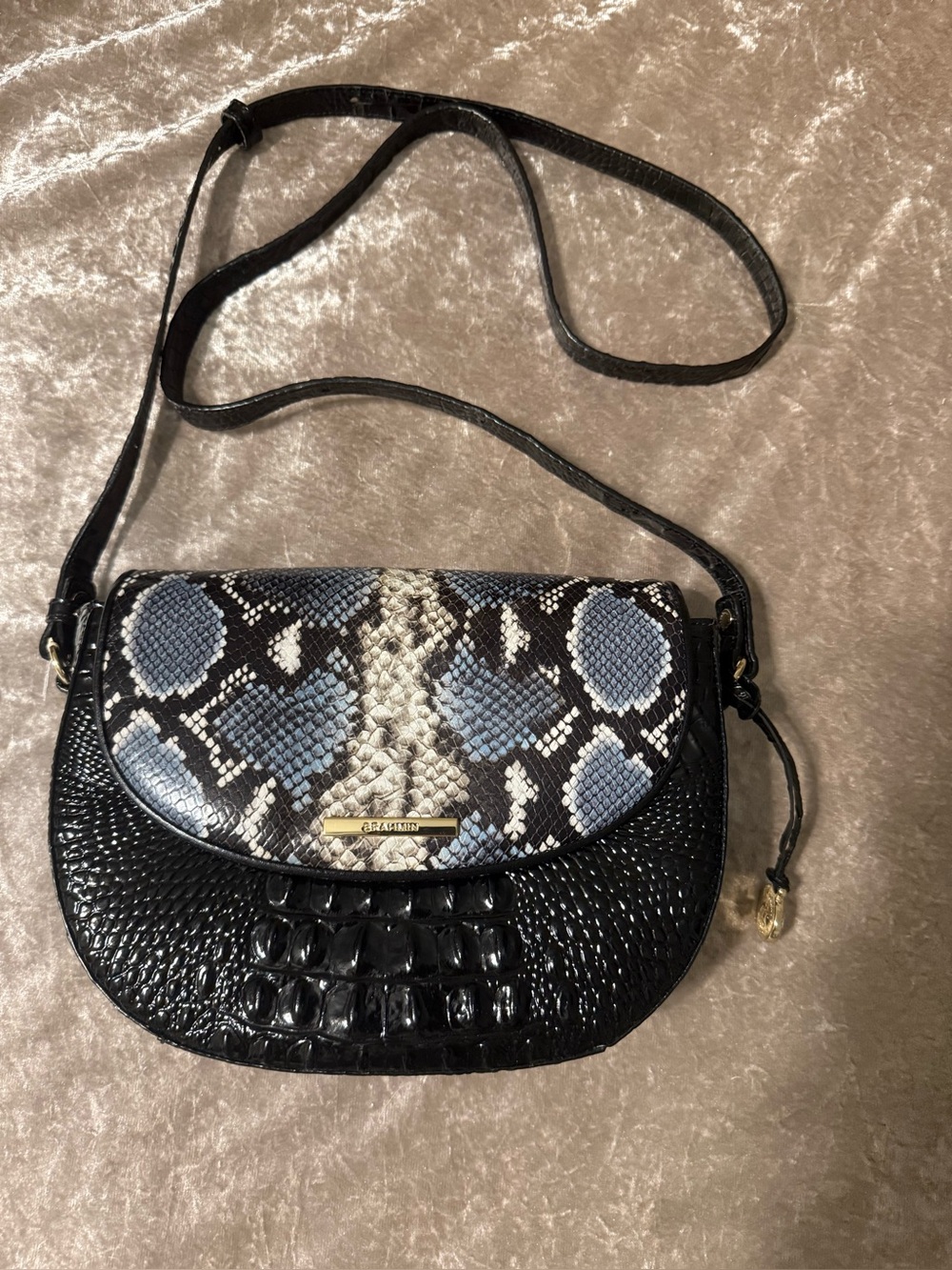 Brahmin Black and Blue Snake-Print Crossbody with Croc Texture